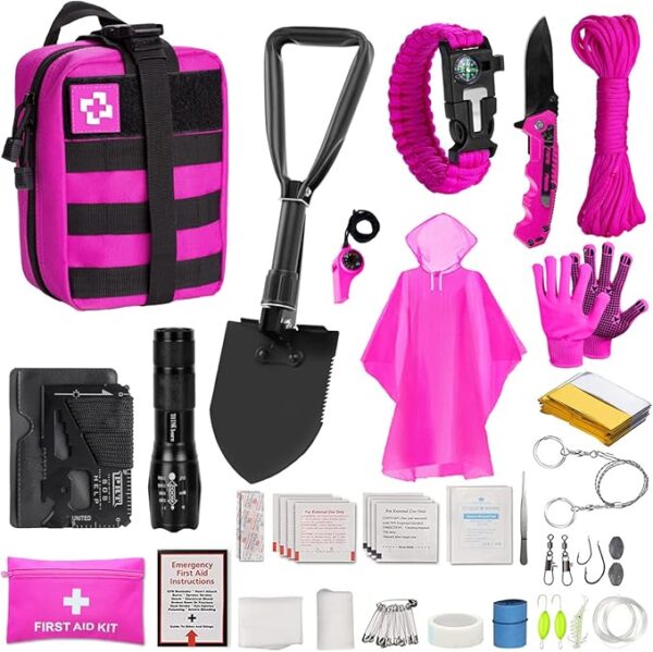 Pink Survival Kits with First Aid Kit, Hiking Camping Gear and Equipment for Women, Professional Bug Out Bag Survival Set with Molle Pouch, Outdoor Gift for Women - Image 2