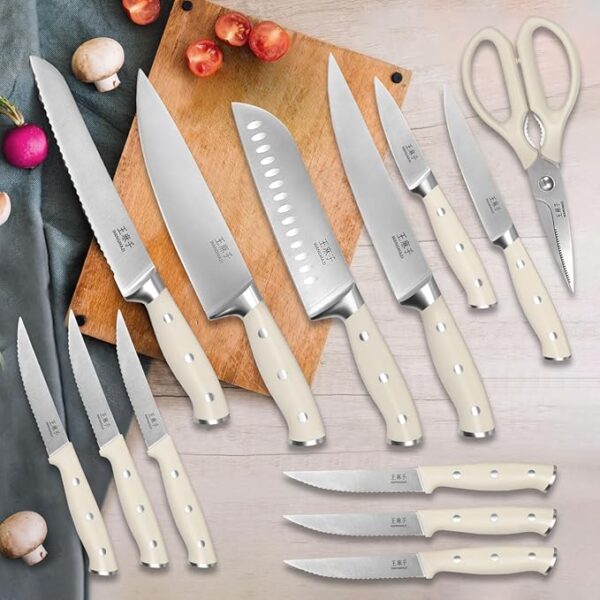 Premium Knife Set,High Carbon Stainless Steel Forged,Sharp Knives Set for Kitchen,Triple-rivet Ergonomic Handle,Hundreds Years of Masterful Craftmanship(Ivory,15PCS) - Image 6