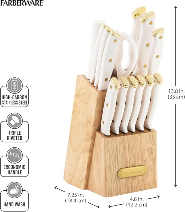 Farberware 15-Piece Triple Riveted Knife Block Set, High Carbon-Stainless Steel Kitchen Knives, Razor-Sharp Knife Set with Wood Block, White and Gold - Image 4