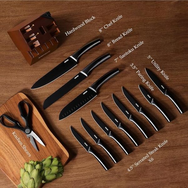 CAROTE 14Pcs Kitchen Knife Set, Dishwasher Safe knife set with Block and Sharpener, Stainless Steel Cutlery with Razor-Sharp Blades, 6 Steak Knives, Full-Black - Image 3