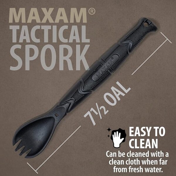 Maxam 3 in 1 Tactical Spork, Black Polymer Handle with Stainless Steel Blade Multi Tool Camp, Spoon Fork Knife Combo - Image 3