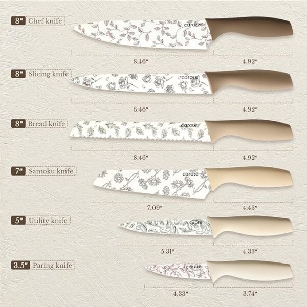 CAROTE 12PCS Knife Set, Kitchen Knife Set with 6 Blade Guards, Stainless Steel Knives Set With Nonstick Ceramic Coating, Rustproof, Delicate Floral Designs, White - Image 3