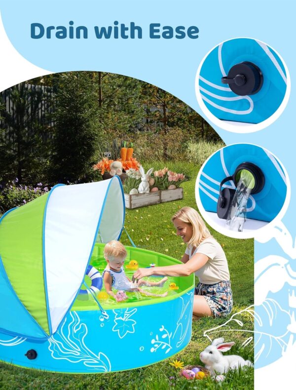 Foldable Kiddie Pool with Canopy: 47in Baby Pool and Beach Tent for Toddlers Infants 6-12 Months and Kids 2-4 Years Old - Portable Water Play with Shade for Outdoor Backyard Beach (Blue-Green) - Image 2