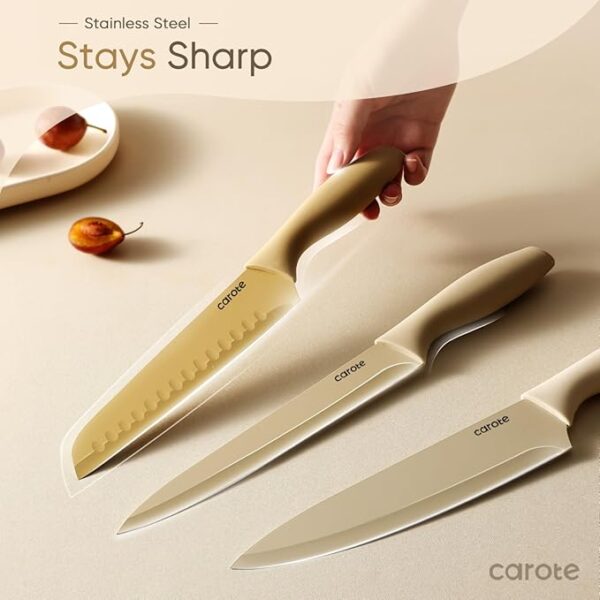 CAROTE 12 Pieces Kitchen Knife Set, Stainless Steel Knife Set With Nonstick Ceramic Coating, Dishwasher Safe with 6 Blade Guards, Rustproof, Brown - Image 5