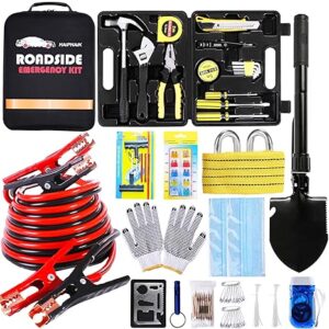 Emergency Roadside Kit for Car,Emergency Kits for Vehicles,Safety Kits for Cars, Car Jumper Cables Kit(11.8 Foot Upgrade) 124 Pcs,Tow Strap, Folding Survival Shovel,Car Tool Kit