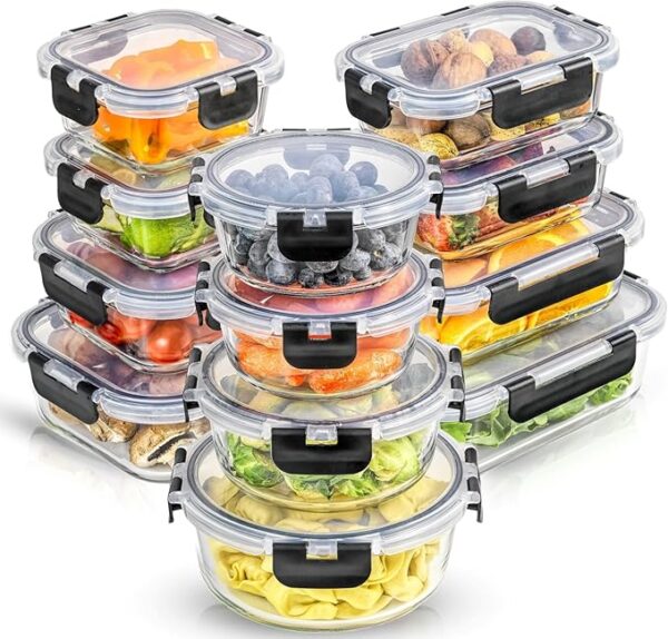 JoyJolt JoyFul 24pc(12 Airtight, Freezer Safe Food Storage Containers and 12 Lids), Pantry Kitchen Storage Containers, Glass Meal Prep Container for Lunch, Glass Storage Containers with Lids - Image 2