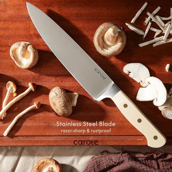 CAROTE 11 Pieces Knife Set with Block for kitchen, Stainless Steel Razor-Sharp Blade, Triple Riveted Ergonomic Handle, Wooden Magnetic Block, Essential Knife Block Set, Beige - Image 5