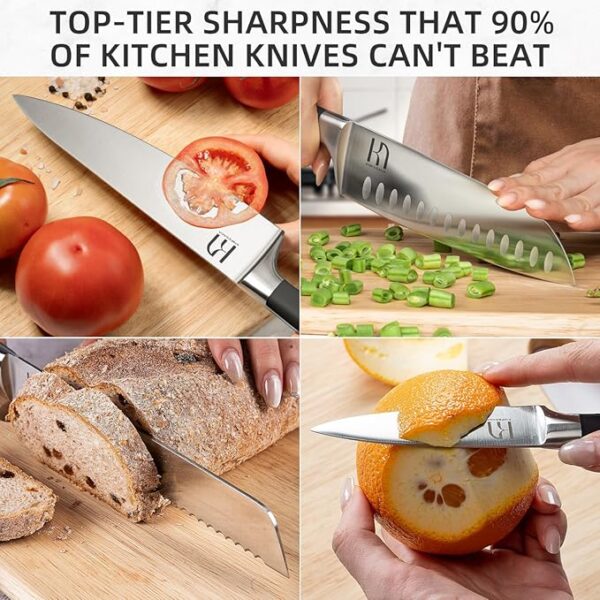 Knife Set with Block Premium, Japanese 15 Piece Ultra Sharp High Carbon Stainless Steel Kitchen Knives set with Sharpener, Professional Knife Block Set with Ergonomic Handle for Home Chefs - Image 6