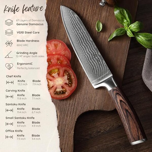 Wakoli Damascus Kitchen Knife Set, 5 Piece Professional Chef Knife Set made from 67 Layers of Damascus Steel with VG10 Core, Knives Set for Kitchen with Pakkawood Handles in Wooden Gift Box (EDIB) - Image 4