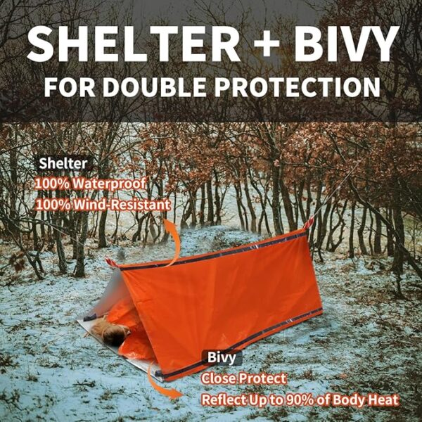 Frelaxy Extra-Thick Survival Tent and Emergency Sleeping Bag, Emergency Shelter Survival Bivy Set with Whistles, Paracord, Storage Pouches, and EVA Case, Perfect for Survival Kits - Image 4
