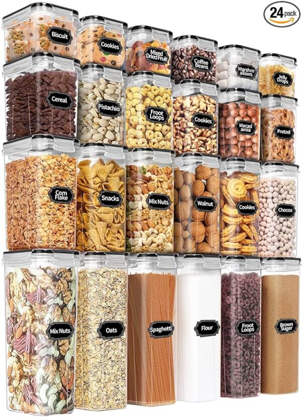 PRAKI Airtight Food Storage Containers Set with Lids - 24 PCS, BPA Free Kitchen and Pantry Organization, Plastic Leak-proof Canisters for Cereal Flour & Sugar - Labels & Marker
