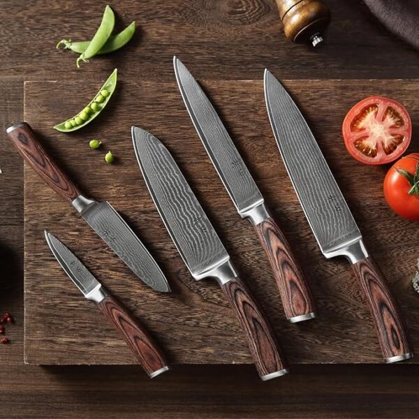 Wakoli Damascus Kitchen Knife Set, 5 Piece Professional Chef Knife Set made from 67 Layers of Damascus Steel with VG10 Core, Knives Set for Kitchen with Pakkawood Handles in Wooden Gift Box (EDIB) - Image 6