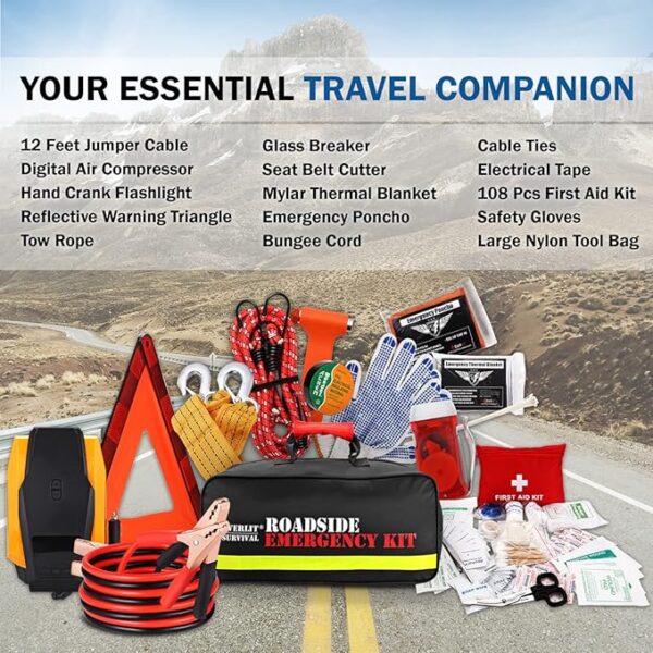 Everlit Survival Car Emergency Kit, Roadside Safety Tool Kit with Gloves,Digital Auto Air Compressor Tire Inflator, First Aid Kit, 12 Feet Jumper Cable, Tow Strap, Flashlight for Women, Men, Teenagers - Image 3