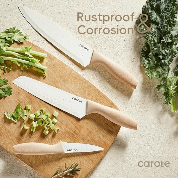 CAROTE 12PCS Knife set with Blade Guards,Granite Nonstick Ceramic Coating,Stainless Steel blade, Wooden Handle, Essential knife set,White - Image 5