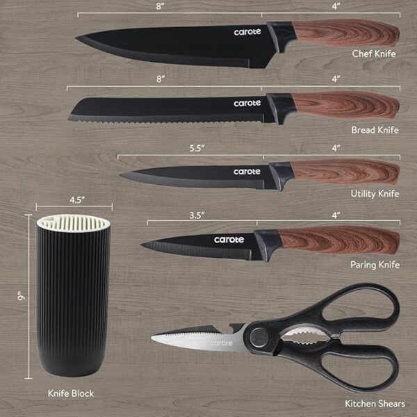 CAROTE 6Pcs Knife Set with Block, High Carbon Stainless Steel Sharp Blade Block Knife Set, Cutlery with Ceramic Surface, Black - Image 3