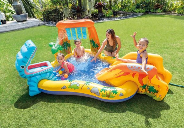 Intex Inflatable Water Slide & Kids Pool, 98" x 75" x 43", Dinosaur Play Center - Backyard Outdoor Blow-Up Splash Pad w/ Sprinkler for Toddlers Ages 2+
