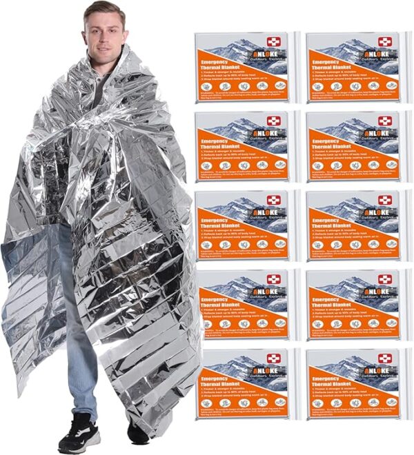 Emergency Blankets Mylar Thermal Blanket,(10 Pack) of Gigantic Space Blanket 82 * 64 in. Survival Blankets Heavy Duty Camping Gear,First Aid - Image 2