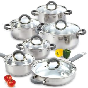 Cook N Home Kitchen Cookware Set, 12-Piece Basics Stainless Steel Pots and Pans Set with Grey Silicone Handle, Silver