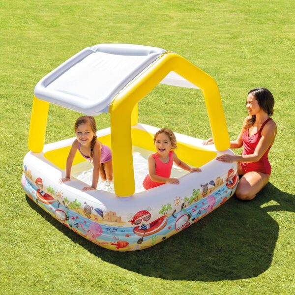 Intex Inflatable Kiddie Pool Play Center w/ Removable Sun Shade, 62" x 62" x 48", Multicolor - Backyard Blow-Up Swimming Pool & Splash Pad for Kids - Image 2