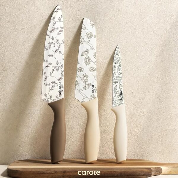 CAROTE 12PCS Knife Set, Kitchen Knife Set with 6 Blade Guards, Stainless Steel Knives Set With Nonstick Ceramic Coating, Rustproof, Delicate Floral Designs, White - Image 4