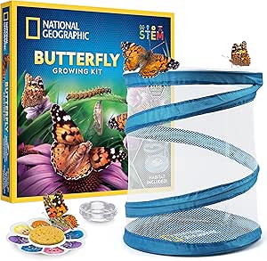 NATIONAL GEOGRAPHIC Butterfly Growing Kit - Butterfly Habitat Kit with Voucher to Redeem 5 Caterpillars (S&H Not Included), Butterfly Cage, Feeder (Amazon Exclusive)