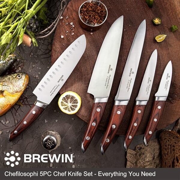 Brewin CHEFILOSOPHI Japanese Chef Knife Set 5 PCS with Elegant Red Pakkawood Handle Ergonomic Design,Professional Ultra Sharp Kitchen Knives for Cooking High Carbon Stainless Steel - Image 4