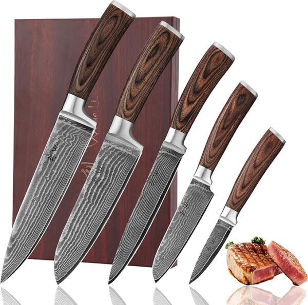 Wakoli Damascus Kitchen Knife Set, 5 Piece Professional Chef Knife Set made from 67 Layers of Damascus Steel with VG10 Core, Knives Set for Kitchen with Pakkawood Handles in Wooden Gift Box (EDIB) - Image 2