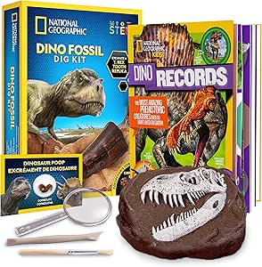 NATIONAL GEOGRAPHIC Dino Fossil Dig Kit & Dinosaur Book for Kids- Excavate a Replica Dinosaur Tooth Fossil and Study Paleontology with a Full-Color Dinosaur Activity Book for Kids (Amazon Exclusive)