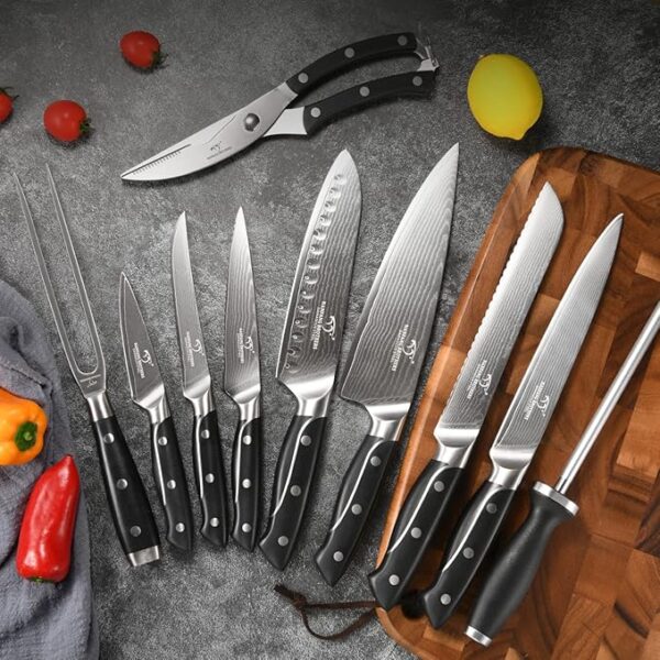 18 Pieces Damascus Kitchen Knife Set, 8 Piece Steak Knives, Non-slip ABS Ergonomic Triple Rivet Handle for Meat Fork, Knife Sharpener and Shears, 17 Slots Wooden Knife Block - Image 6