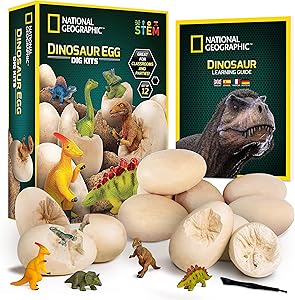 NATIONAL GEOGRAPHIC Dinosaur Dig Kit - 12 Dino Shaped Dig Bricks with Dinosaur Figures Inside & Excavation Tool Sets, Egg Hunt or Dig Party Activity, Great STEM Toy for Boys & Girls