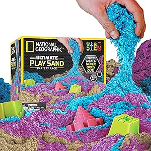 National Geographic 6 Lb. Moon Sand Combo Pack - 2 Lbs. Each of Blue, Purple and Natural Play Sand with Castle Molds - A Fun No Mess Sensory Activity, Kids Fake Sand Play Set (Amazon Exclusive)