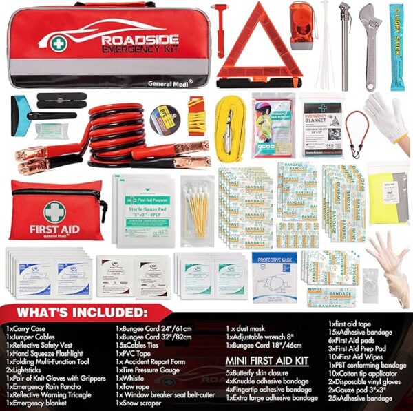 General Medi 127-Pieces Roadside Car Emergency Kit Include Mini First Aid Kit, Jumper Cables,Tow Rope, Bandage, Safety Vest, Emergency Triangle, All in One Pack - Image 3