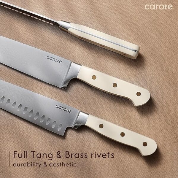 CAROTE 11 Pieces Knife Set with Block for kitchen, Stainless Steel Razor-Sharp Blade, Triple Riveted Ergonomic Handle, Wooden Magnetic Block, Essential Knife Block Set, Beige - Image 6