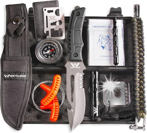 Weyland Ultimate Survival Kit â 11-in-1 Outdoor Gear with Survival Knife, Fire Starter, Compass, Multitool, Paracord Bracelet, & Case for Camping, Hiking, Emergency Preparedness - Image 2