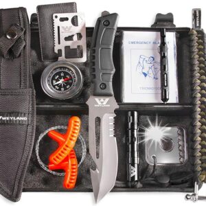 Weyland Ultimate Survival Kit â 11-in-1 Outdoor Gear with Survival Knife, Fire Starter, Compass, Multitool, Paracord Bracelet, & Case for Camping, Hiking, Emergency Preparedness