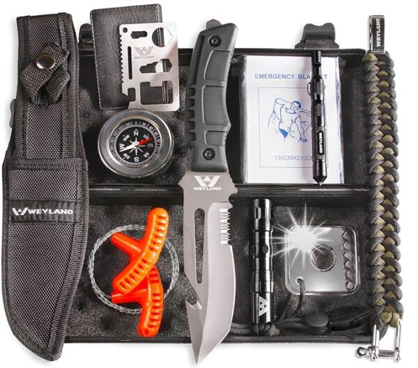 Weyland Ultimate Survival Kit â 11-in-1 Outdoor Gear with Survival Knife, Fire Starter, Compass, Multitool, Paracord Bracelet, & Case for Camping, Hiking, Emergency Preparedness