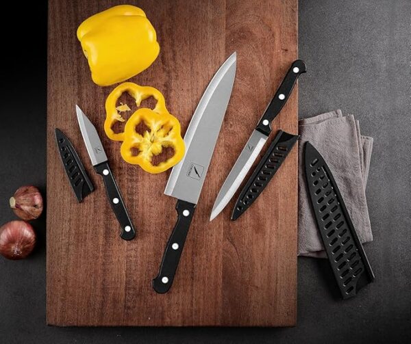 Kitchen Knife, 3-Pcs Knife Set With Sheath, 8 Inch Chef Knife, 4.5 Inch Utility Knife, 4 Inch Paring Chef Knife, Stainless Steel, Black - Image 6