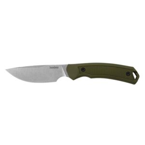 Kershaw Deschutes Skinner Fixed Blade Hunting Knife, Olive Handle with D2 Stainless Steel Drop Point Blade, Strong Grip with Finger Choil and Rubber Overlay, Includes Sheath