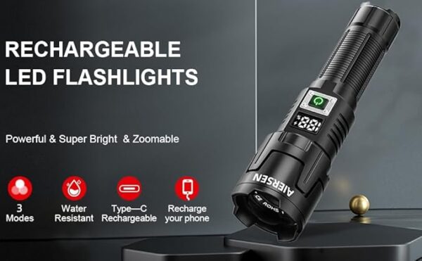 Rechargeable High Lumen LED Flashlight, 90,000 Lumens with Zoom, 3 Modes, IPX6 Water Resistant, Powerful Handheld Flashlight for Emergencies, Camping and Hiking - Image 6
