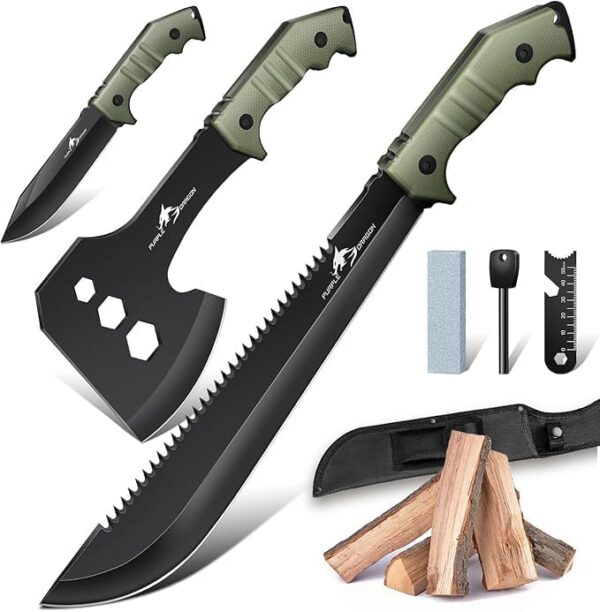 Purple Dragon Large Knife Outdoor Hatchet Axe Set with Sheath, Full Tang Splitting Axe Made from a Single Piece of D2 Steel, Camping Survival for Wood Cutting, Hunting Knife Gifts for Men - Image 2