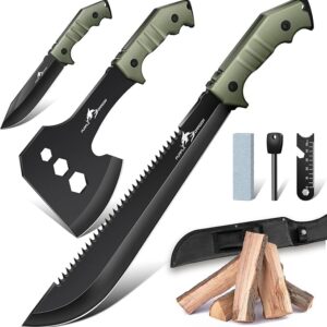 Purple Dragon Large Knife Outdoor Hatchet Axe Set with Sheath, Full Tang Splitting Axe Made from a Single Piece of D2 Steel, Camping Survival for Wood Cutting, Hunting Knife Gifts for Men
