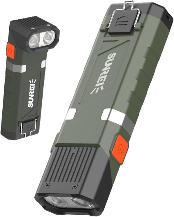SUNREI 1500LM Super Bright EDC Flat Flashlight, 90Â° Adjustable Head Rechargeable Tactical Flashlight with Magnetic Base, Metal Clip & Hook, 6 Brightness Levels for Emergency, Outdoor Activities - Image 2