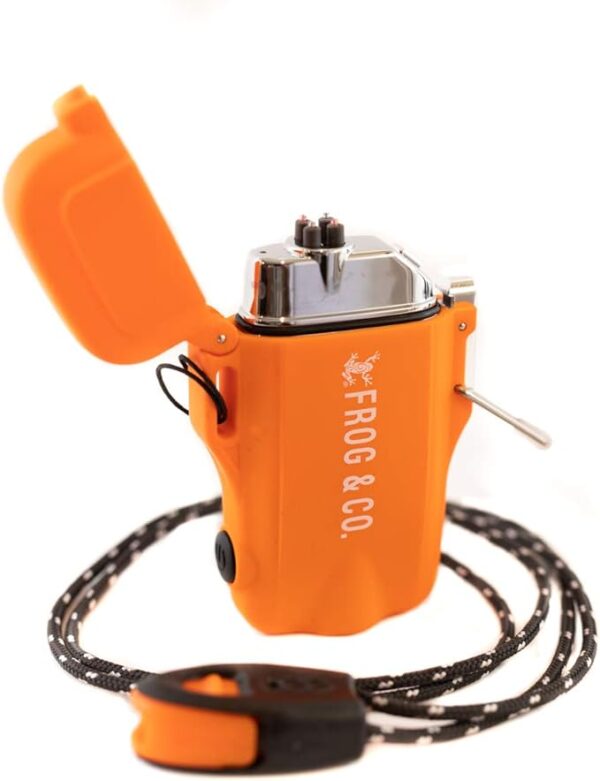 Survival Frog Tough Electric Lighter 2.0 - Waterproof & Windproof Lighters - Flameless Top-Facing Dual Arc Plasma, USB Rechargeable w/Built-in Flashlight, Camping, Survival Fire Starter (Orange) - Image 2