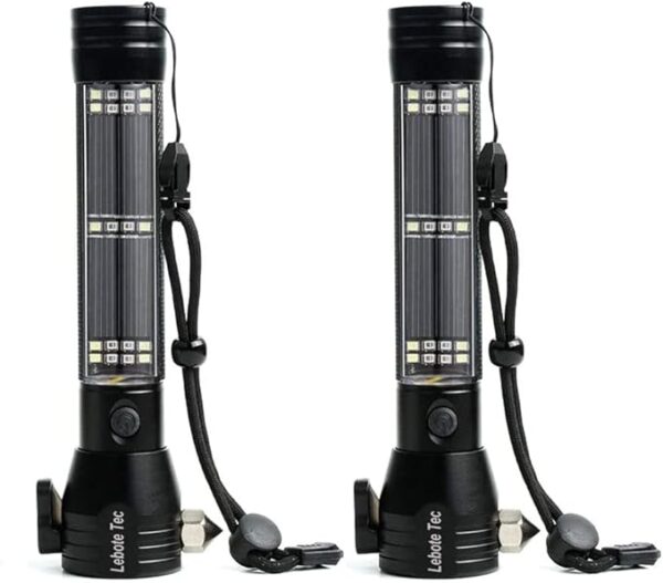 Lebote Car Flashlight Solar Power Tactical Flashlight Multi Function Flashlight Bright LED Emergency Torch Light With Safety Hammer Seat Belt Cutter Compass For Hiking Camping - Image 2