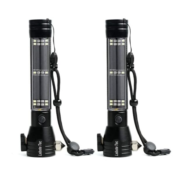Lebote Car Flashlight Solar Power Tactical Flashlight Multi Function Flashlight Bright LED Emergency Torch Light With Safety Hammer Seat Belt Cutter Compass For Hiking Camping