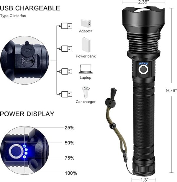 Rechargeable LED Flashlight High Lumens, 990,000 Lumens Super Bright Flashlight, 3 Mode Waterproof, Powerful Handheld Flashlight for Camping Adventure Hiking Emergency - Image 6
