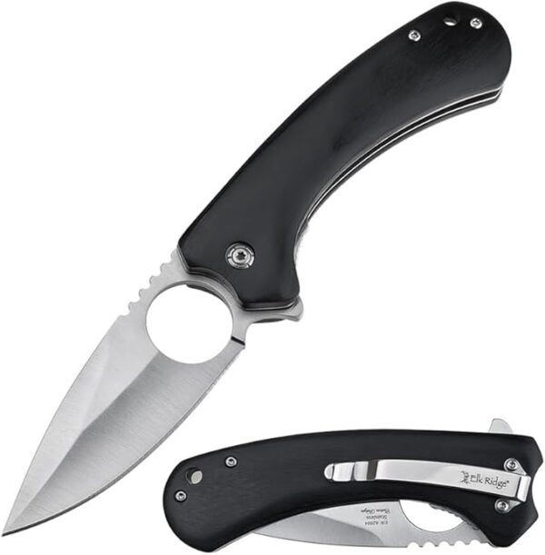 Elk Ridge Drop Point Folding Knife, 3.48" Satin Blade, Wood Handle, Pocket Clip, 8.18" Overall Length, Survival, EDC (Black) - Image 2