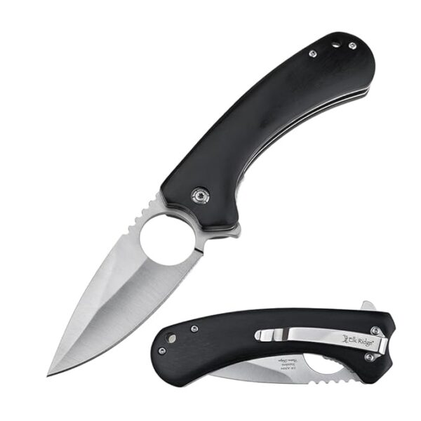 Elk Ridge Drop Point Folding Knife, 3.48" Satin Blade, Wood Handle, Pocket Clip, 8.18" Overall Length, Survival, EDC (Black)