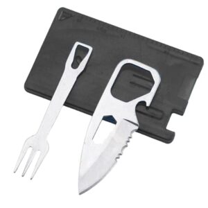 Pocket Credit Knife and Fork Ultra thin Camping Utensils,Stainless Steel Outdoor Survival Multipurpose Tool with Measuring Ruler Bottle Opener,4 in 1 Tool Kit Pocket Tools
