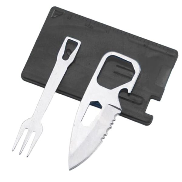 Pocket Credit Knife and Fork Ultra thin Camping Utensils,Stainless Steel Outdoor Survival Multipurpose Tool with Measuring Ruler Bottle Opener,4 in 1 Tool Kit Pocket Tools